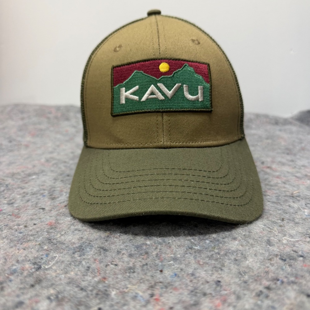 KAVU Trucker Hat Mens OS Green Tan Mountain Logo Snapback Mesh Outdoor Cap